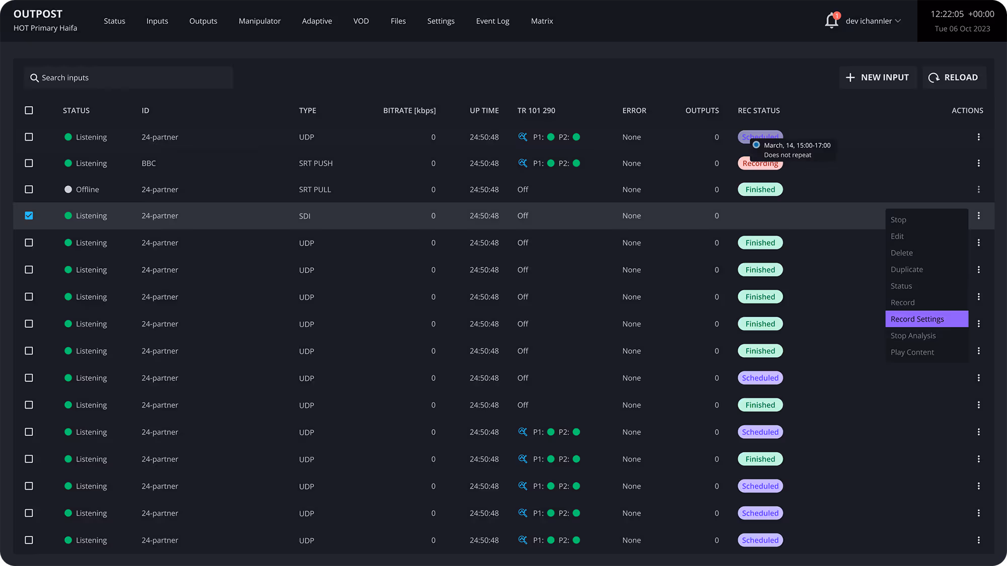 Outpost interface displaying a list of input streams with status, ID, type, bitrate, uptime, error, outputs, recording status, and action options.