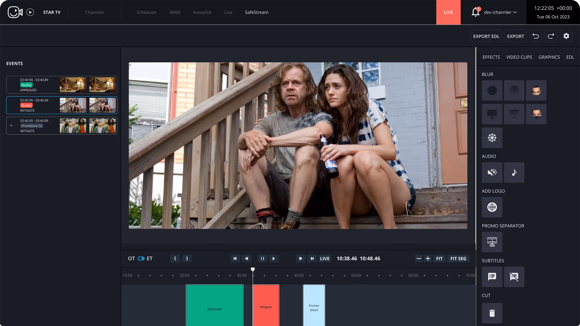 Video editing interface showing a scene with a man and woman sitting closely on wooden steps, with event timeline and editing tools visible.