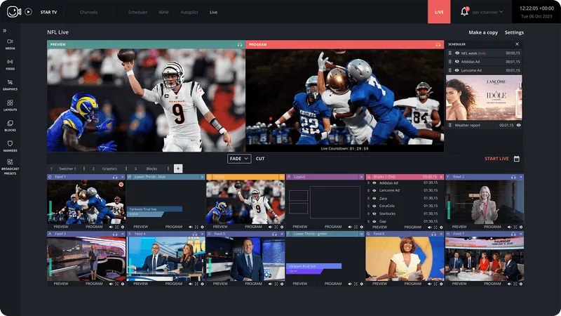 Interfaz de AdBoost con múltiples señales de vídeo en directo y anuncios.
