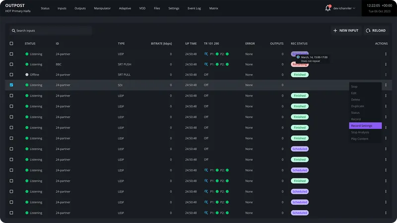 Interfaz de Outpost que muestra streams de entrada y estado operativo.