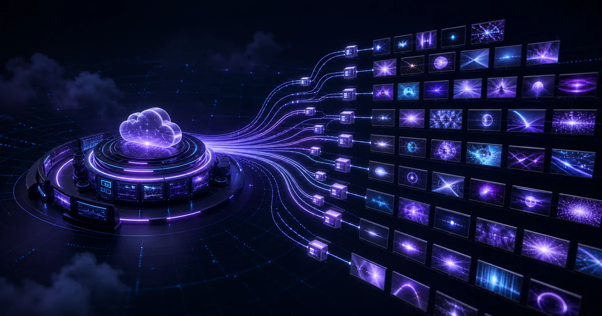 A unified cloud broadcast control hub branching into a large grid of automated linear and FAST channel outputs.