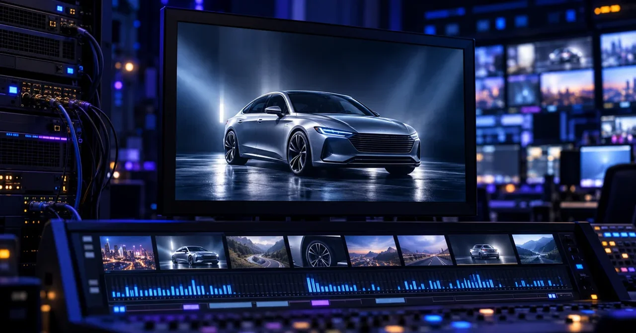 Un monitor muestra un anuncio de un coche sobre vistas previas de programas y medidores de audio en una sala de control azul y violeta.