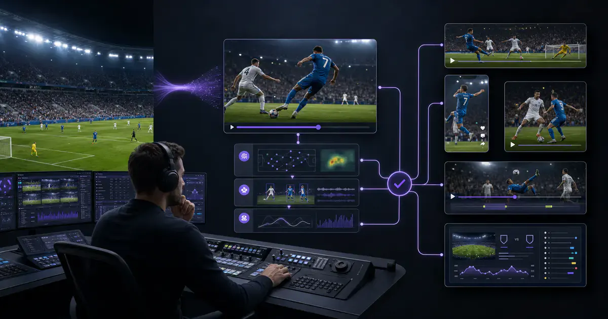 A sports broadcast editor reviewing AI-assisted highlights, vertical clips, replays and match data created from one live football feed.