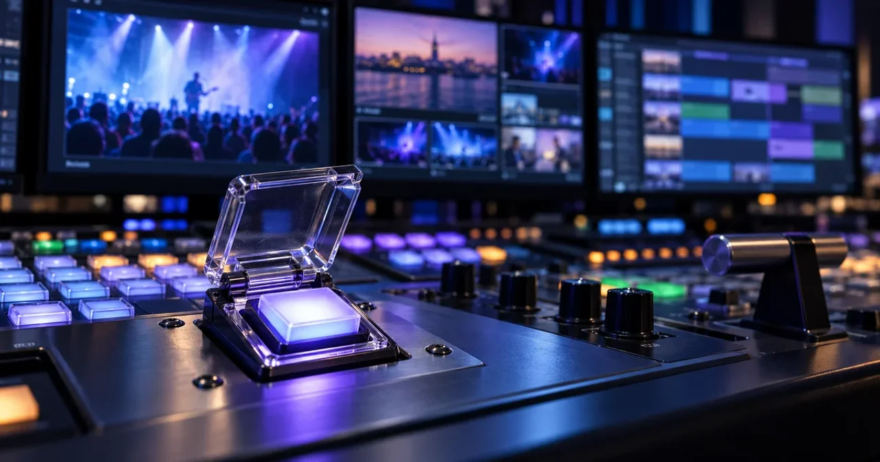 An illuminated broadcast control key beneath a clear safety cover, with programme previews and a schedule monitor in a blue and violet master-control room.