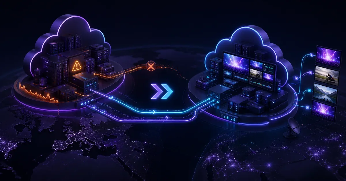 Un workflow broadcast bascule d’une région cloud principale en panne vers une région secondaire qui maintient les chaînes en direct.