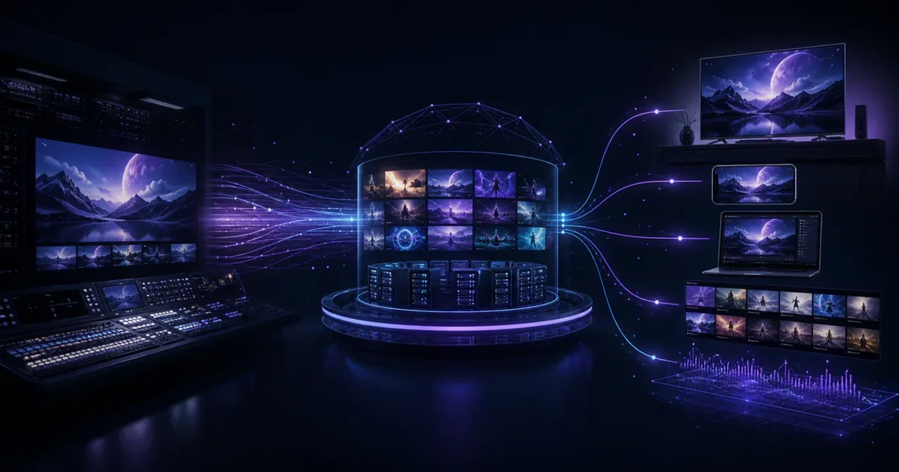 Une régie de diffusion reliée à une plateforme d'exploitation dans le cloud qui distribue les chaînes vers les téléviseurs connectés, les appareils mobiles, le Web et les plateformes FAST.