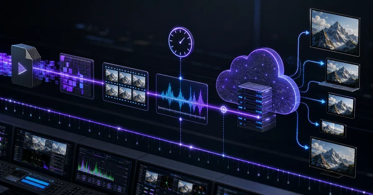 Cloud playout latency pipeline showing media files, encoded frames, timing markers, monitoring dashboards, and viewer screens.