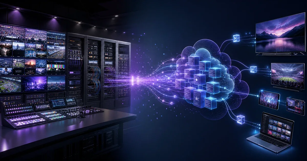 Una sala de master control física evoluciona hacia un workflow de playout cloud para televisión y dispositivos de streaming.