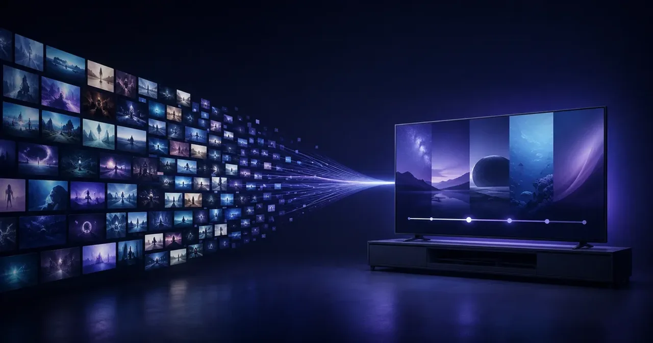 Many streaming choices converging into one curated FAST channel playing on a television screen.