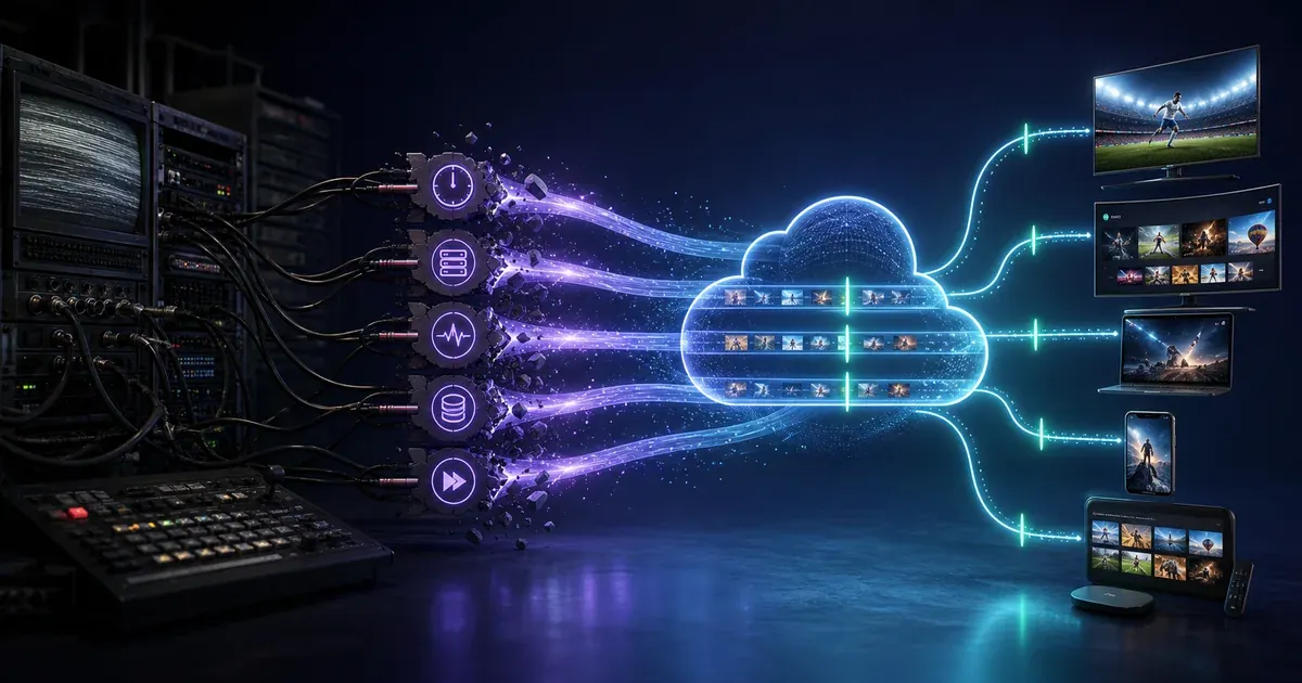 Five legacy broadcast bottlenecks breaking open into a cloud control plane that distributes channels to television, streaming and mobile screens.