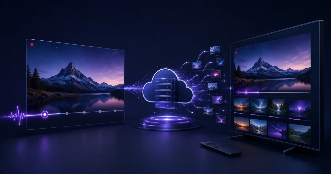 Un flux TV en direct passe par le cloud vers un service de télévision connectée avec des programmes prêts à regarder.