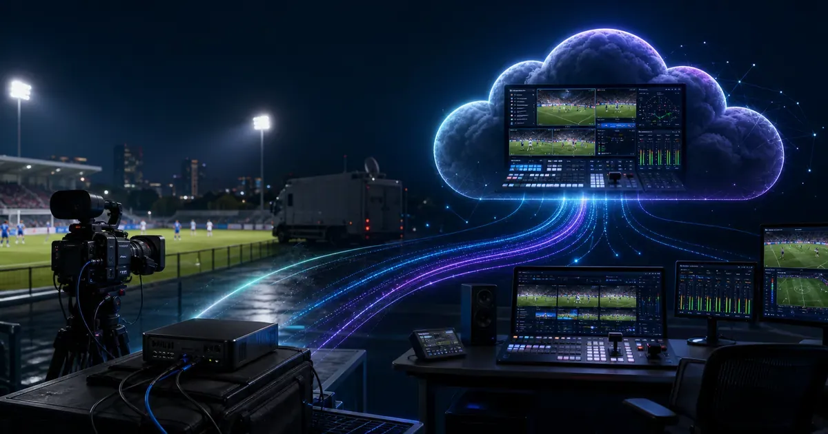 Une caméra sportive en direct et un encodeur de périphérie compact transmettant des flux vidéo IP à un mélangeur de production dans le cloud et à des écrans de contrôle répartis.