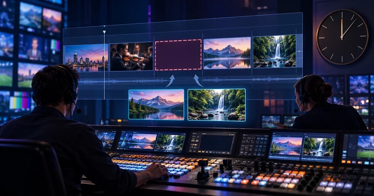 Une console de régie avec un créneau de programme vide, deux aperçus de médias de remplacement et un compte à rebours éclairé de lumières bleues et violettes.