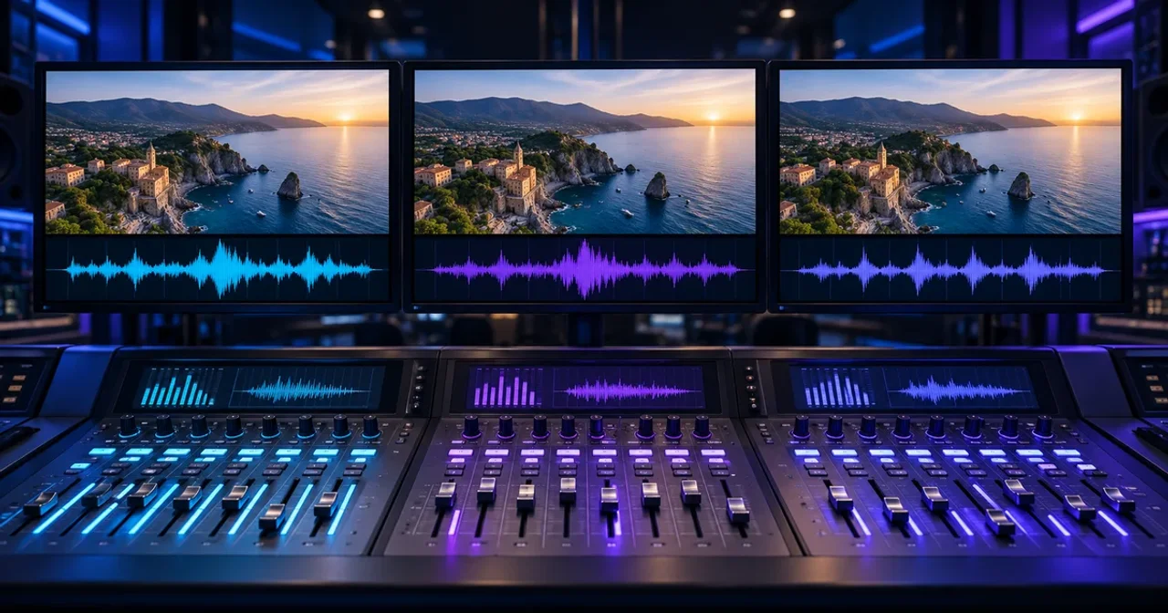 Three broadcast monitors show the same coastal programme with separate audio waveforms above a mixing console lit in blue and violet.