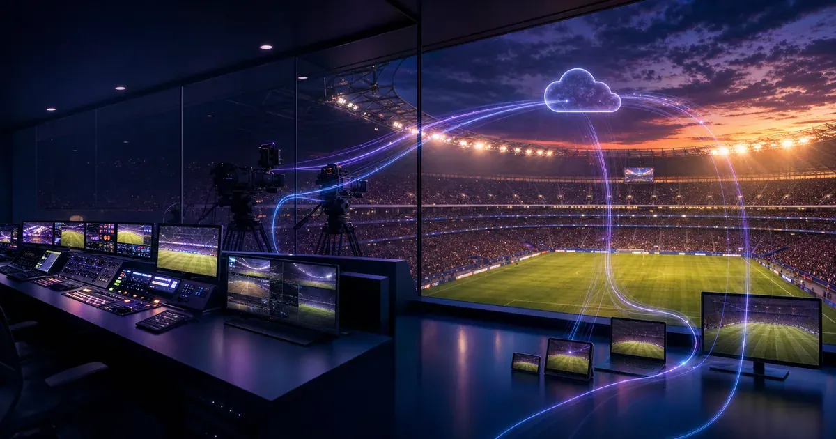 Un stade pendant un événement en direct, relié à une régie de diffusion cloud et à plusieurs écrans pour une chaîne sportive temporaire.