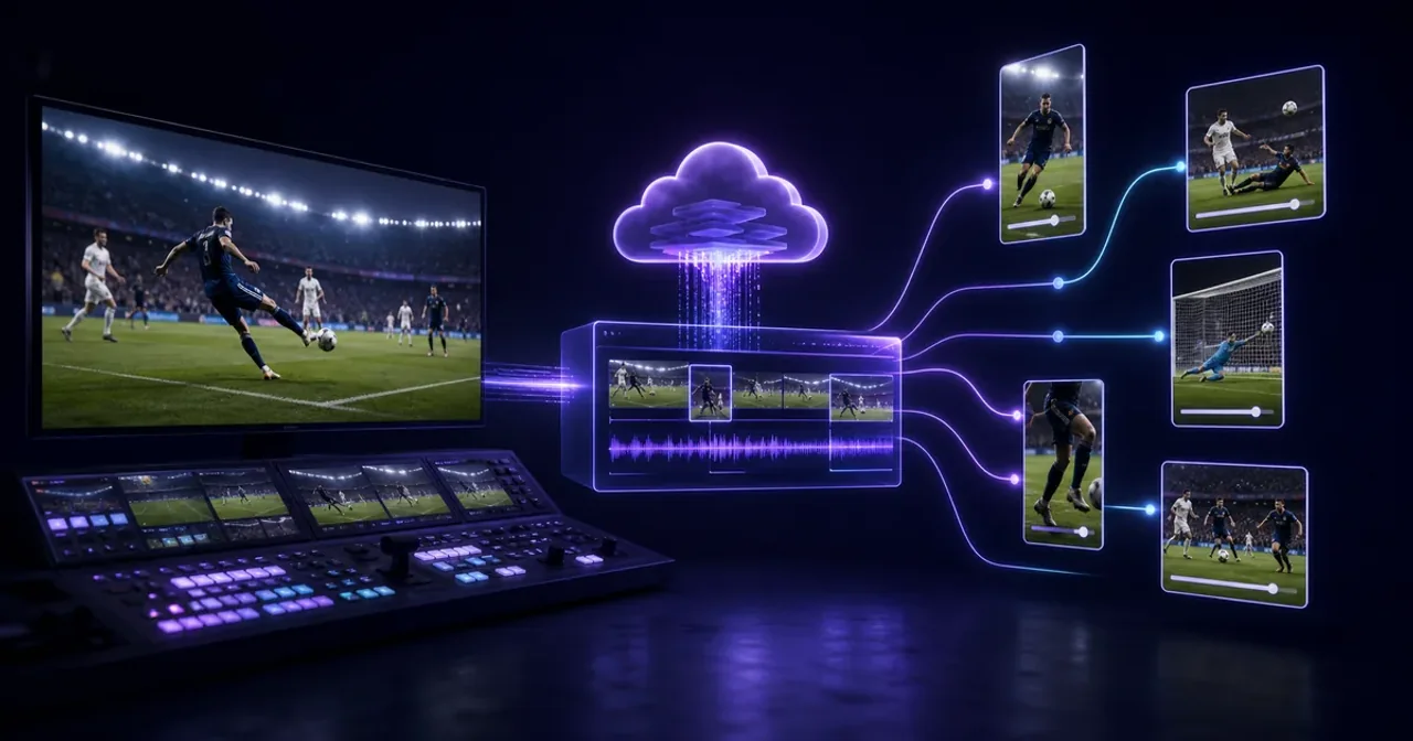 Un directo deportivo pasa por un flujo cloud de creación de clips antes de convertirse en vídeos verticales y cuadrados para redes sociales.