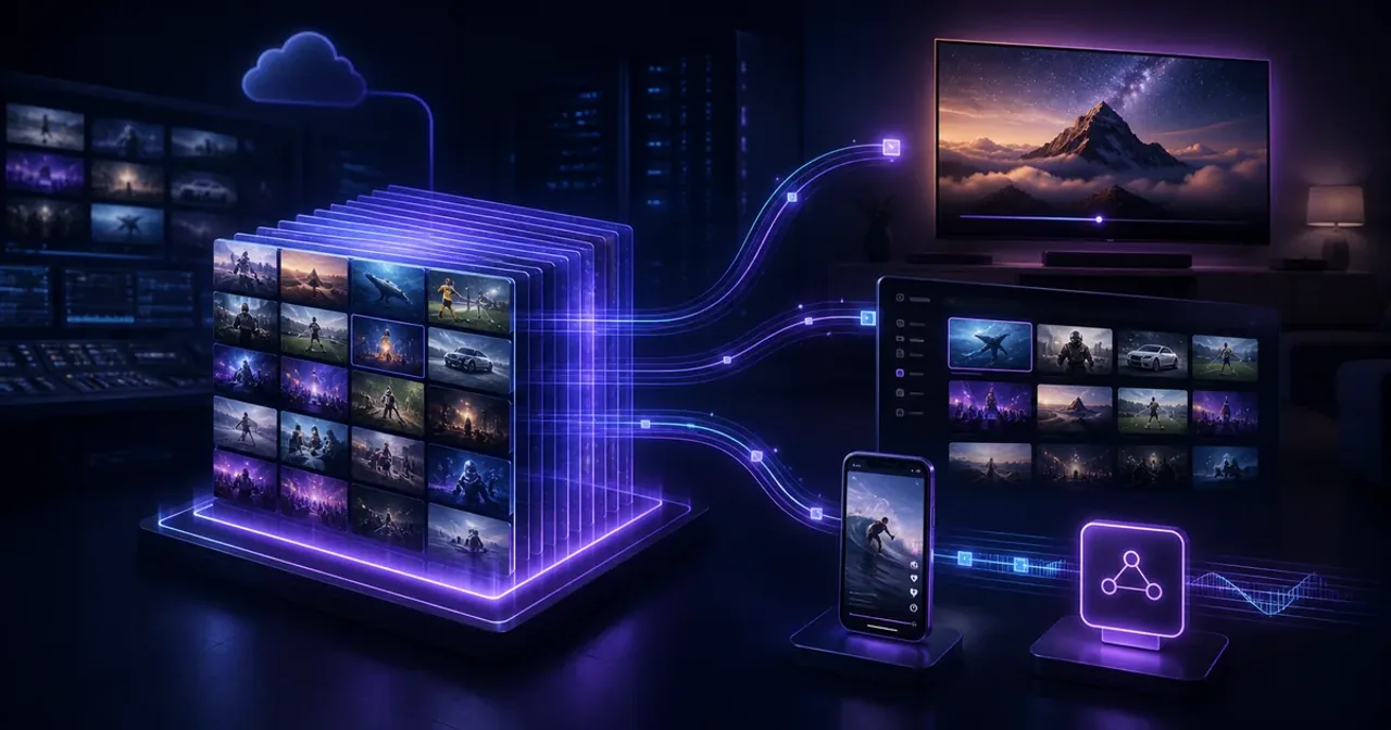 A broadcast content archive feeding linear television, FAST, mobile clips and digital advertising services through cloud distribution.