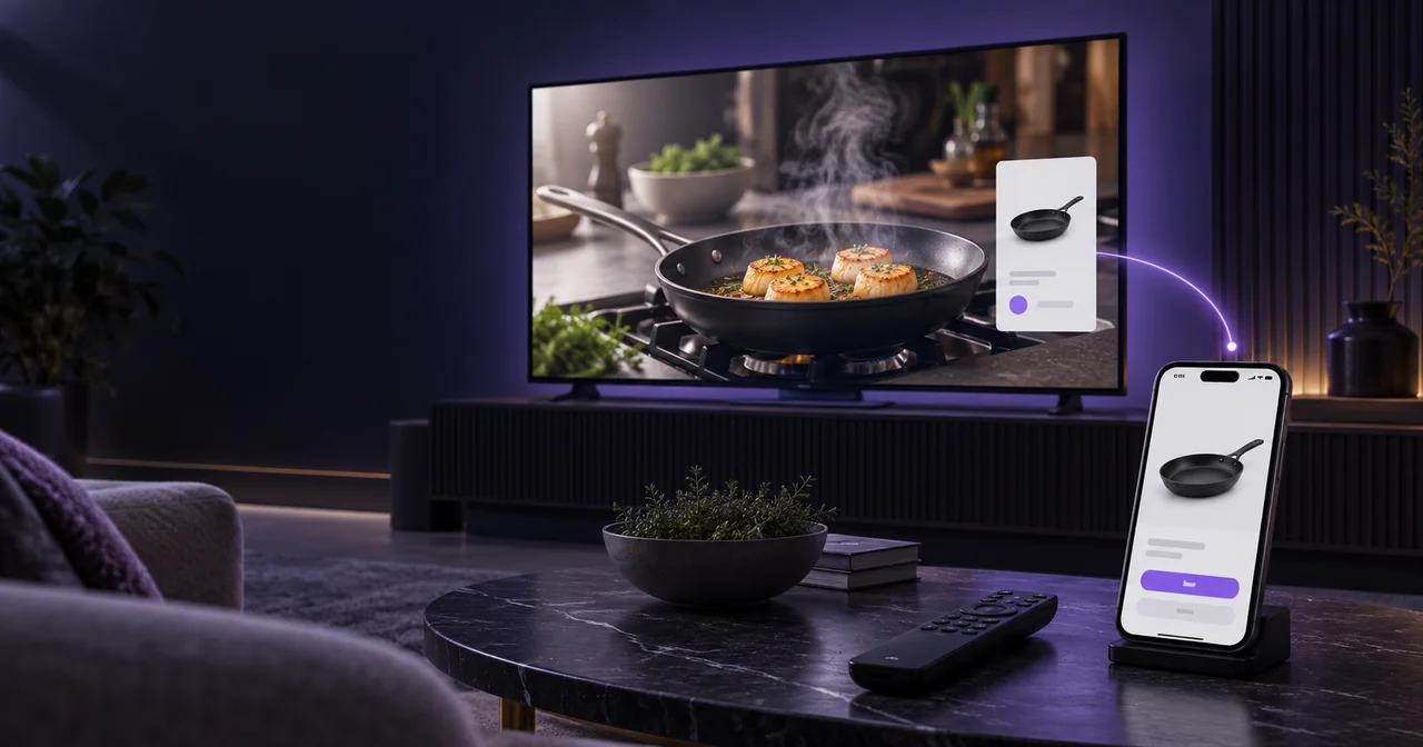 Concept illustration of a cooking programme on a television linked to a matching product page on a smartphone, with a remote nearby.