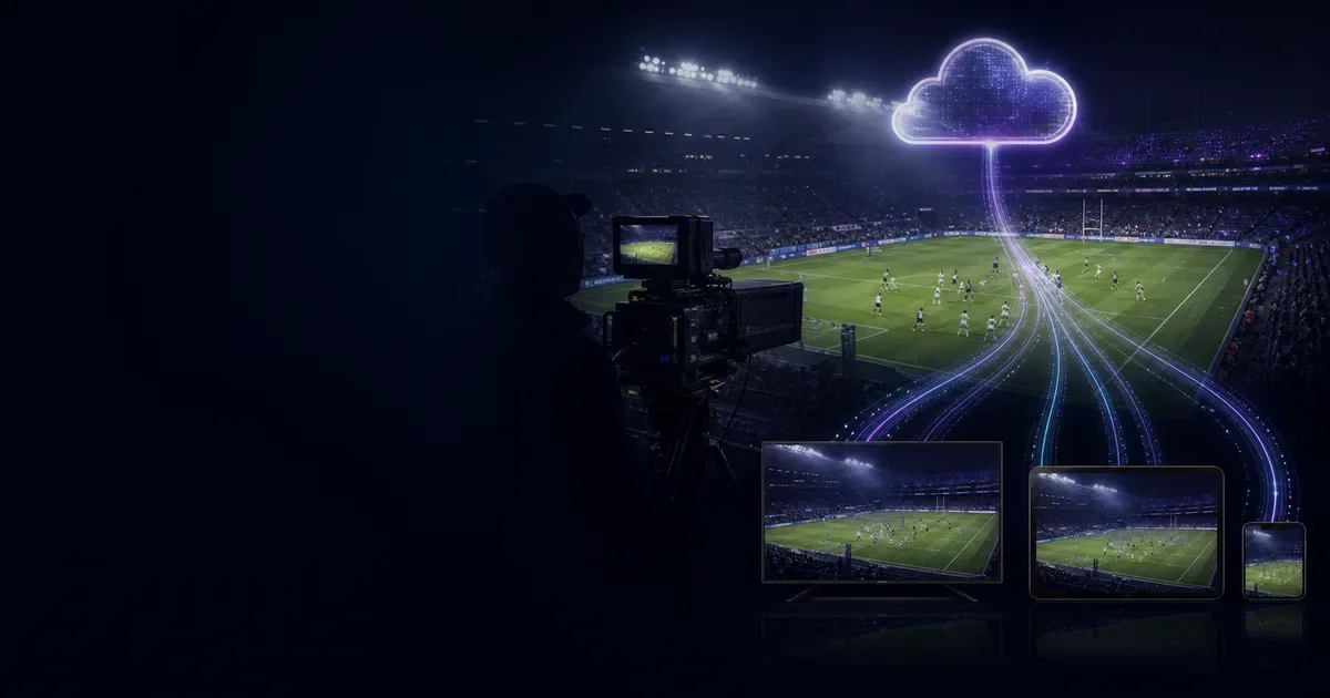 Un stade en direct relié par un flux broadcast cloud à des téléviseurs, tablettes et mobiles.