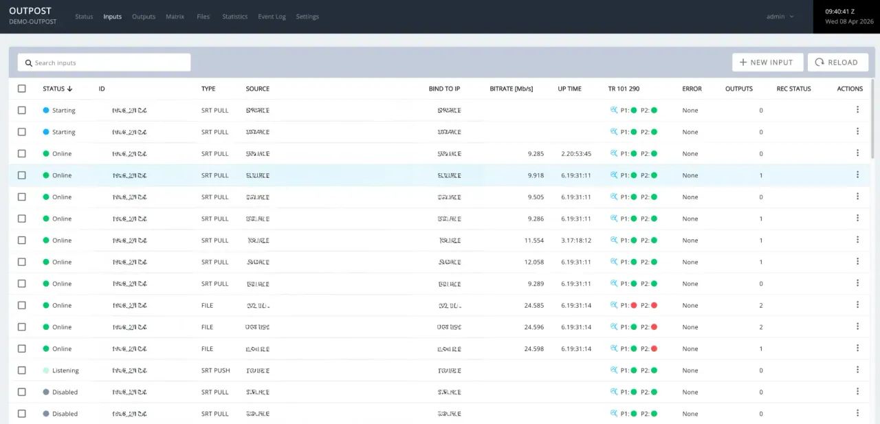 Evrideo Outpost IP Video Command Center dashboard showing live input streams