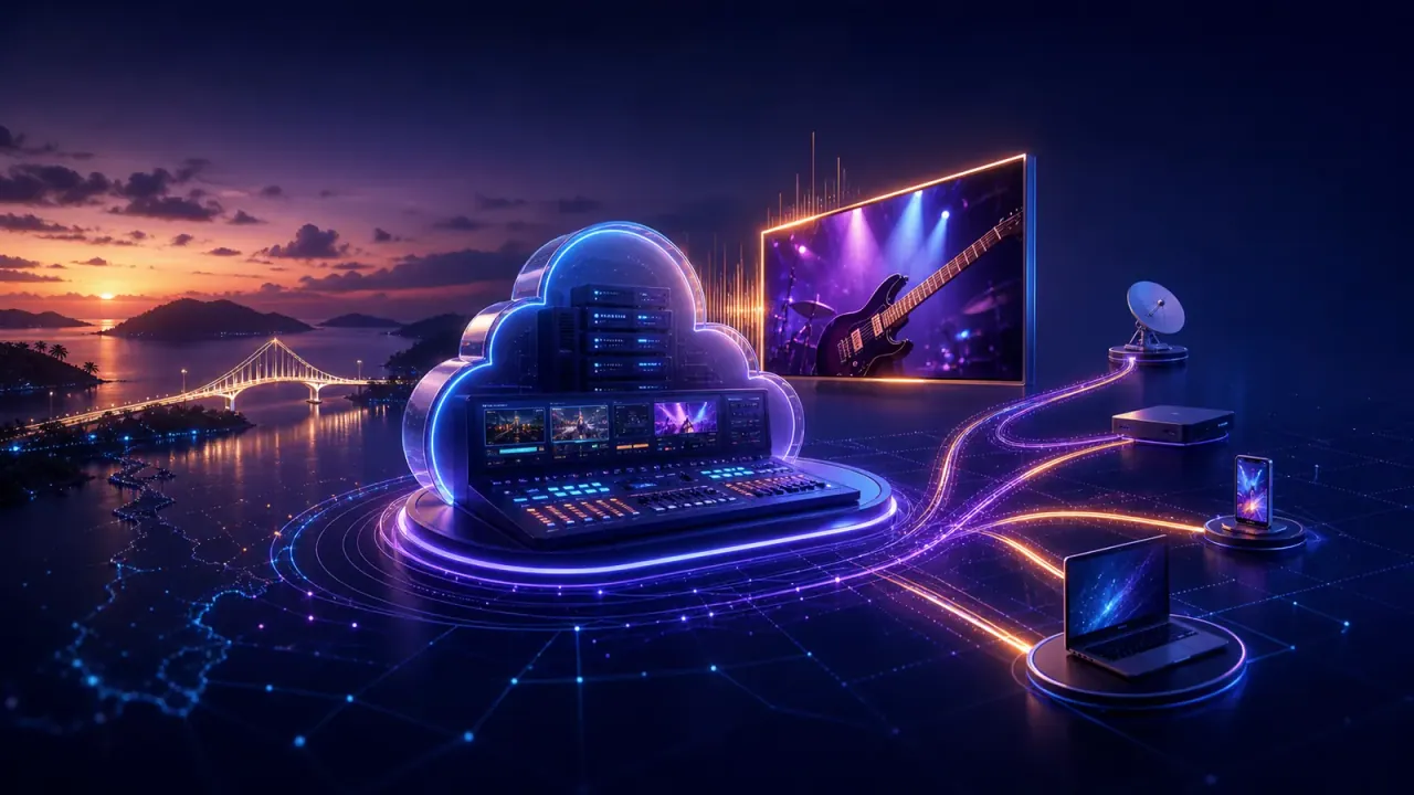 Plateforme de playout broadcast cloud-native reliant une chaîne musicale à ses points de distribution sur un horizon tropical inspiré du Panama.